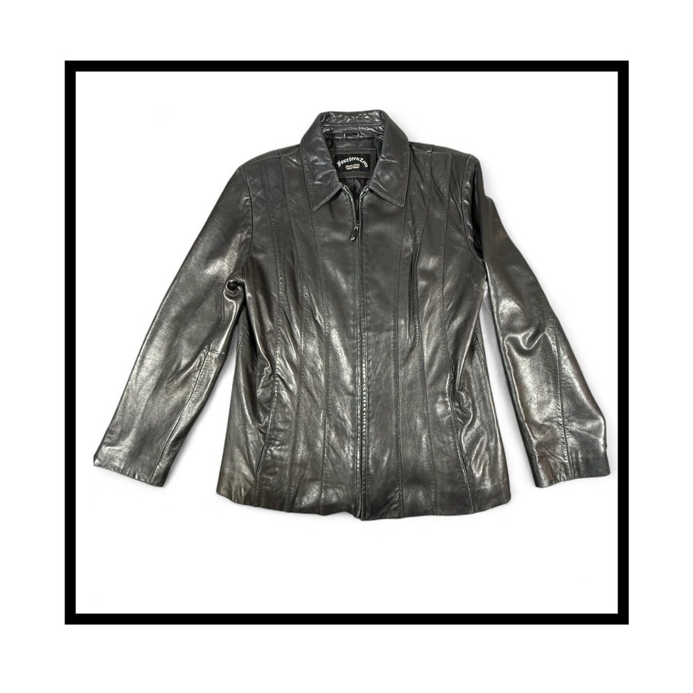 Fourteen Zero Vintage Leather Jacket Black Full‎ Zip Fitted Mobwife Y2K Womens L